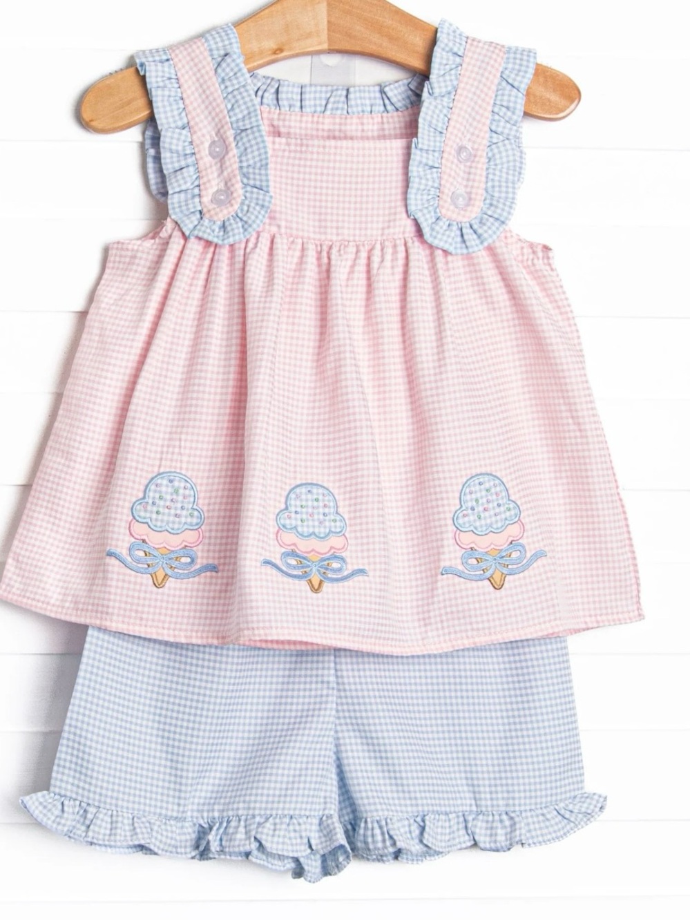 Pink & Blue Gingham Kids Matching Set - Ice Cream Embroidered